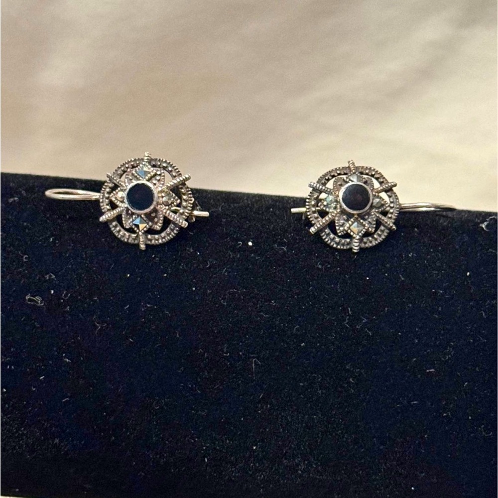 Vintage Sterling Silver And Onyx Art Deco Style Earrings